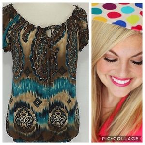 Brown & Teal Print Tunic TOP SZ L Cap Sleeve
